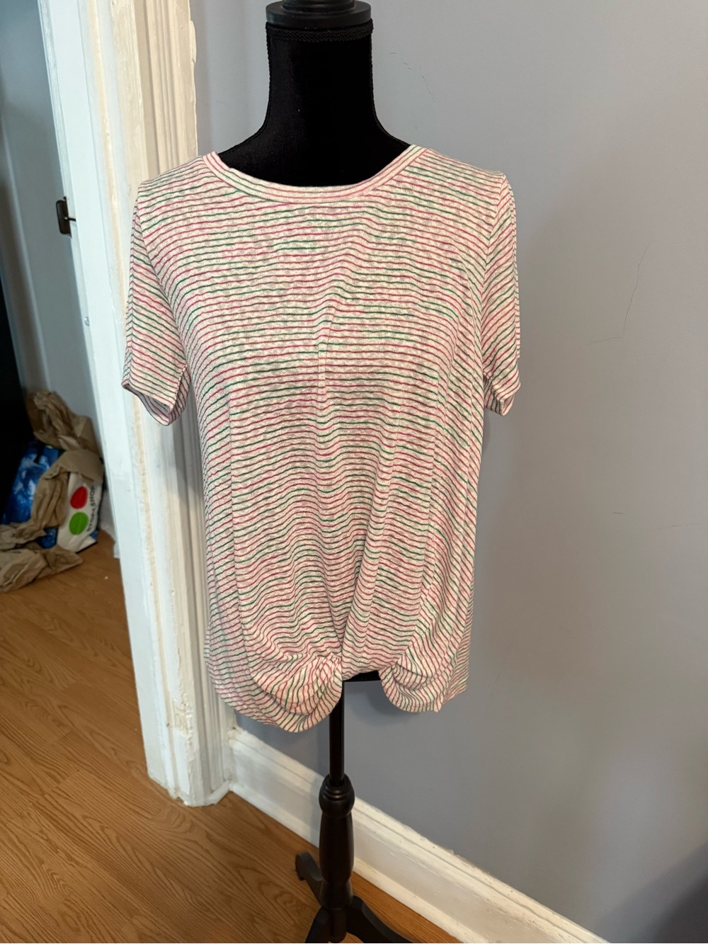 bobeau Pink & Green Striped Short-Sleeve Knot Front Tee